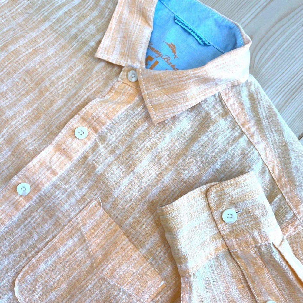 Tommy Bahama Mens Large Orange White Striped Linen Cotton Long Sleeve Shirt L/G